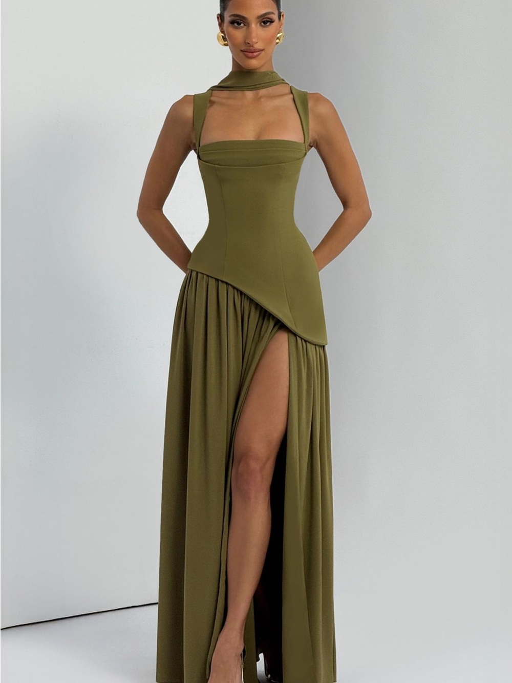 Babyboo Fashion Olive Green Asymmetric Strapless Evening Gown with High Slit